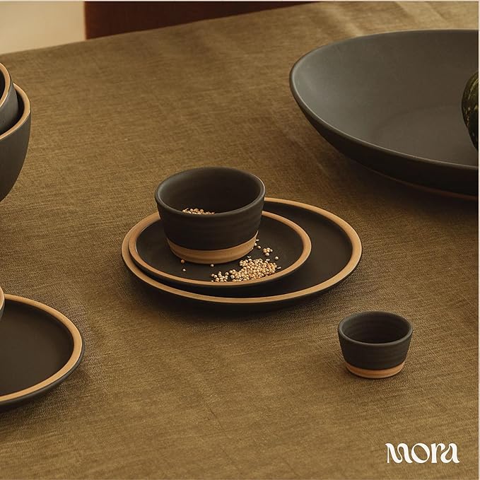 MORA Medium Plates Set of 4, 8.5 inch Ceramic Pottery Salad Plates - Microwave, Oven and Dishwasher Safe - Liquorice