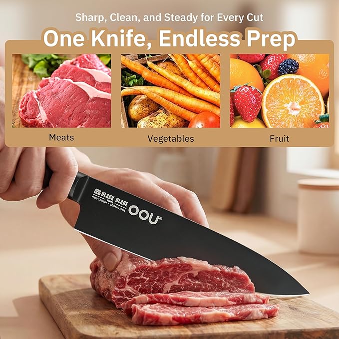OOU® Black Blade 8 Inch Chef Knife with AgShield™ & Cerablack™ Technology, Rust-Resistant & Easy-Clean Finish, High Carbon Stainless Steel for Meat & Vegetables