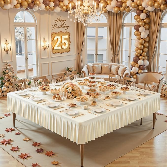 Wish Care Ivory Spandex Tablecloths for 60x60 Inch Square Tables, Stretch Fitted Table Clothes with Pleated Ruffle Skirt for 60” Table, Wrinkle Free and Elastic, for Party Kitchen Home Dining