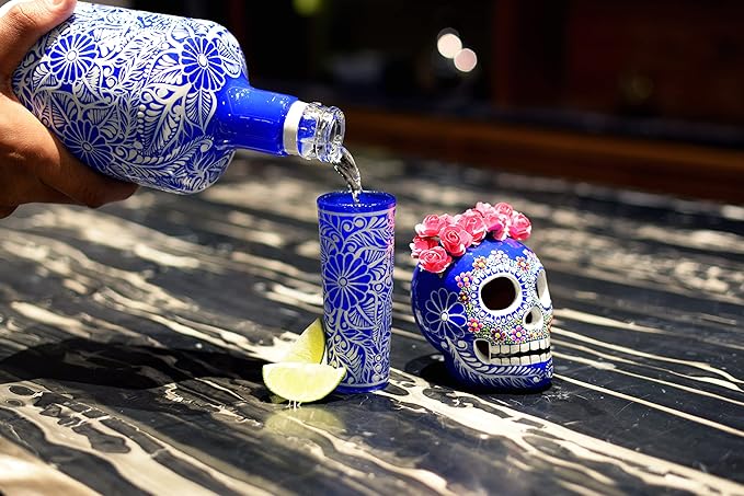 Tequila Decanter Set, Liquor Decanter with Shot Glasses and Mexican Sombrero, Hand-painted Decanter, Skull Decanter, Bar Decoration, Unique Tequila Gift, Gift For Dad (Blue Catrina Set)