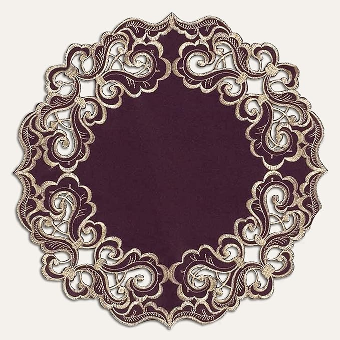Decozen Set of 4 Doilies for Table, Lace Doilies - Rustic, Crochet, Farmhouse, Kitchen, Dining Table Centerpiece Decor - Round Christmas Placemats for Home 15 inch Gold Plum, The Granada Collection