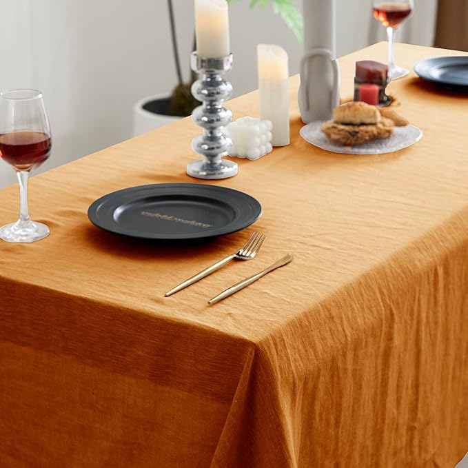 EVERLY 100% Pure Linen Rectangle Tablecloths 60x84Inches for Dining,Buffet Parties,Picnic,Events,Weddings and Restaurants,Decorative Halloween,Thanksgiving Machine Washable Tablecloths-Caramel