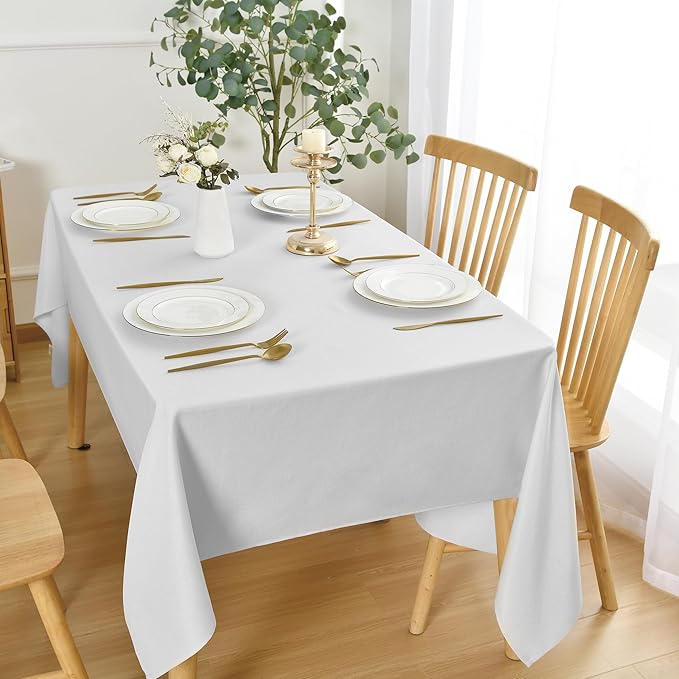 JIUZHEN Faux Linen Farmhouse Tablecloth Rectangular, Wrinkle Stain Resistant Table Cloth Rectangle Table Cover for Kitchen Dining, Holiday Party Dinner, White, 70 x 108 Inch