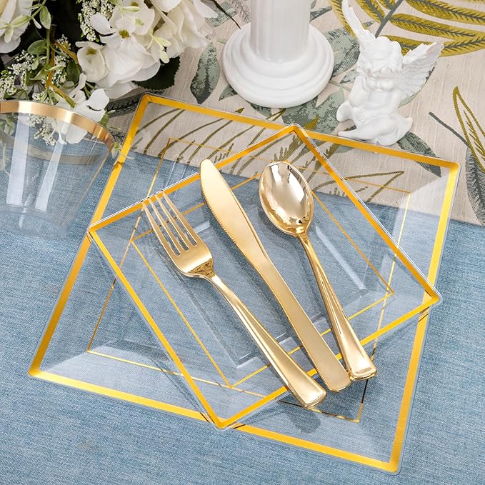 DaYammi 175 PCS Clear Gold Plastic Plates,Gold Plastic Dinnerware Sets,Includes: 25 Dinner Plates,25 Salad Plates,25 Pre Rolled Napkins with silverware,25 Cups 9 OZ, Perfect for Wedding and Party
