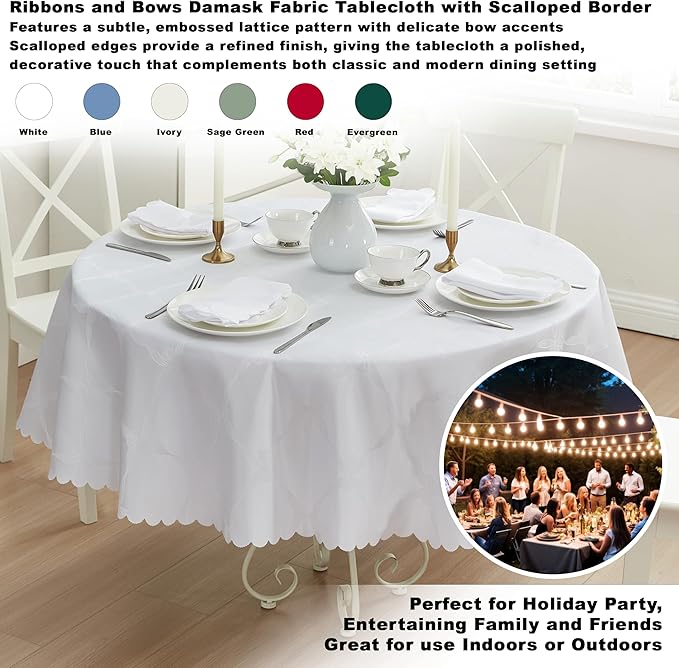 Newbridge Ribbons and Bows Damask Spring & Easter Holiday Fabric Tablecloth, White, 70 Inch Round, Wrinkle & Stain Resistant Table Cover