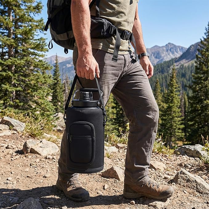 Insulated Gallon Jug with Handle, One Gallon, 128oz Stainless Steel, Large Double Vacuum Water Bottle for Cold Drinks, Wide Mouth, Sweat Proof, Carrier bag, Great for Travel, Camping, Green