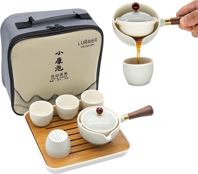 LURRIER Porcelain Chinese Gongfu Tea Set,Portable Teapot Set with 360 Rotation Tea maker and Infuser,Portable All in One Gift Bag for Travel,Home,Gifting,Outdoor and Office (Cyan Grey)