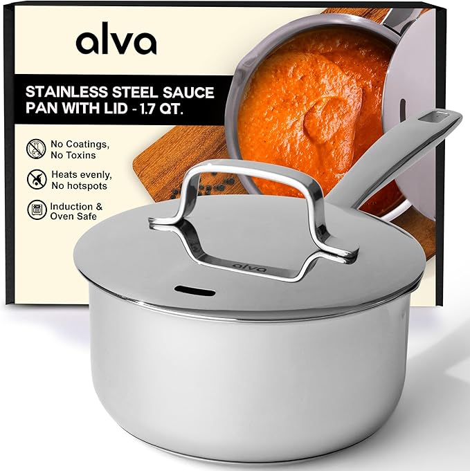 Alva Maestro 1.7QT Stainless Steel Saucepan with Lid – Non-Toxic Easy to Clean Pot, Oven Safe – Lasered Engrave Measurement, Induction Ready – Belgian-Designed for Effortless, Healthy Everyday Cooking