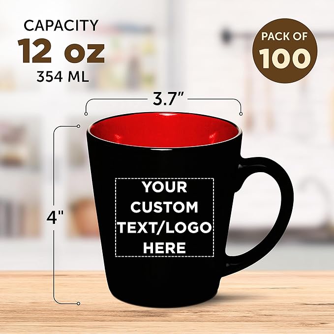 Custom Ceramic Coffee Latte Mugs 12 oz. Set of 100, Personalized Bulk Pack - Perfect for Coffee, Tea, Espresso, Hot Cocoa, Other Beverages - Red