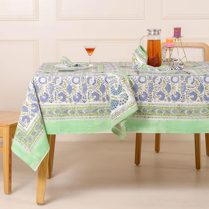Hand Block Printed Table Cover - Exquisite Design, Premium Cotton Fabric, Perfect for Dining and Decor, Dining Table Linen(Moss Green,6 Seater 60 x 90 Inches Rectangle)