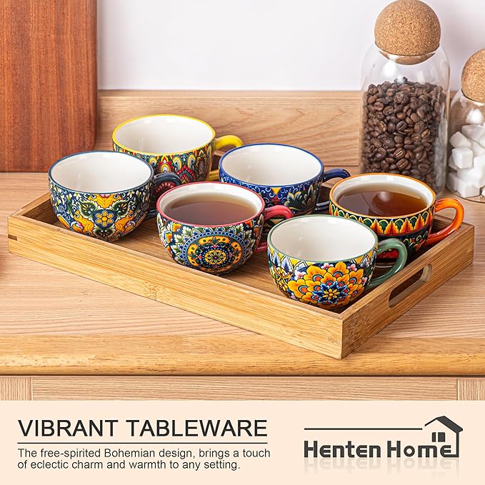 Henten Home 8.5 oz Cup with Saucers Set, Ceramic Coffee Mug Set of 6, Colorful Porcelain Cup for Latte, Tea, Cappuccino, Hot Cocoa, Espresso, Microwave & Dishwasher Safe