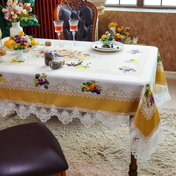 SUTAVIA Lace Embroidered Table Cloth,Rectangular Farmhouse TableCover,Classic Oblong Antique Flower Decor Macrame Tablecloth (Yellow, Rectangle/Oblong,52 x 70 Inch,4-6 Seats)