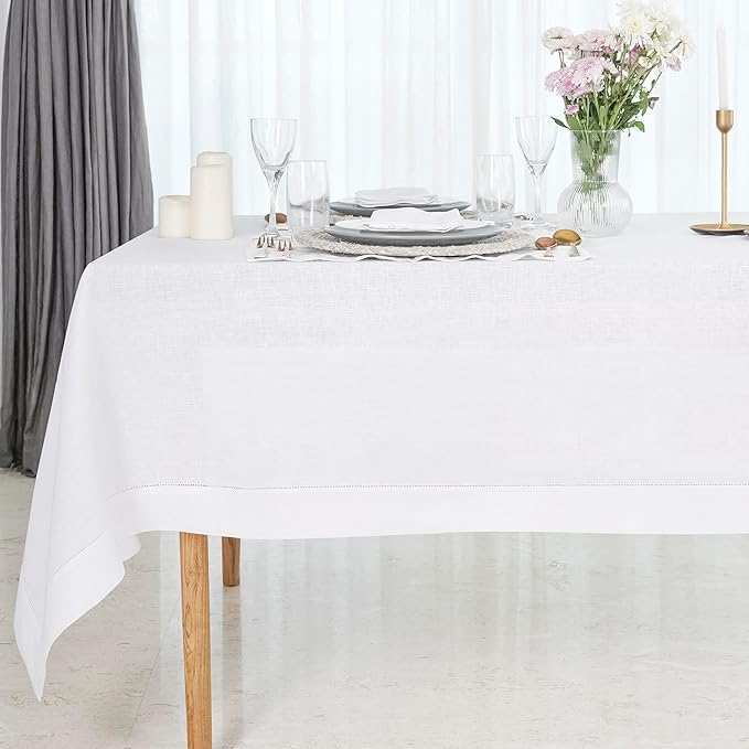 D'Moksha Homes White Linen Tablecloth 60 x 156 Inch - 100% Pure Linen White Tablecloth for Rectangle Tables - Classic Hemstitch, Machine Washable Table Cloth for Valentines, Spring, Easter