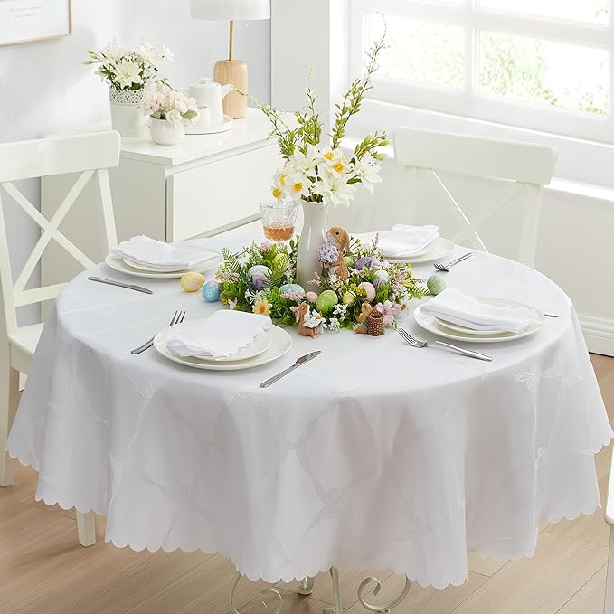 Newbridge Ribbons and Bows Damask Spring & Easter Holiday Fabric Tablecloth, White, 70 Inch Round, Wrinkle & Stain Resistant Table Cover