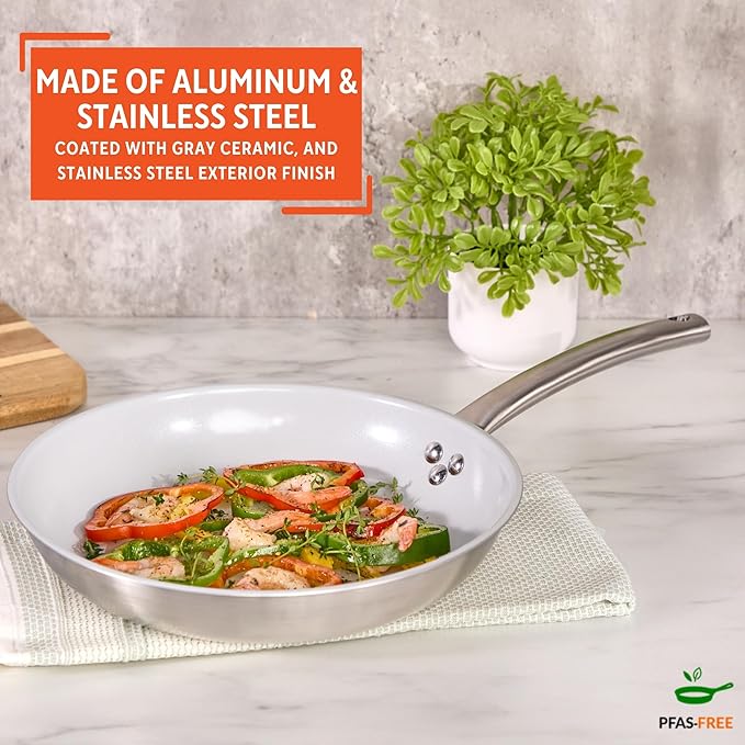 IMUSA 12” Stainless Steel Frying Pan with Gray Ceramic Nonstick Coating, Aluminum 2 Ply Construction, Oven Safe and Induction Compatible Skillet