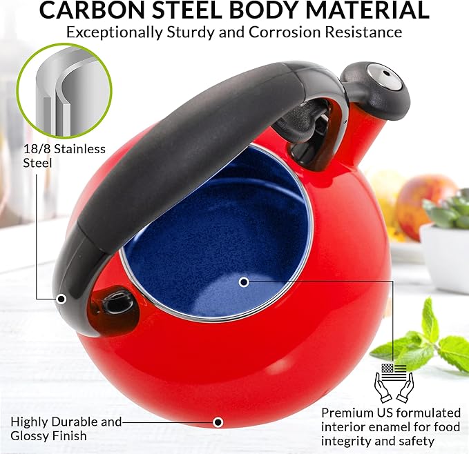 Chantal 1.8 QT Kettle, Buttons Series, Premium Enamel on Carbon Steel, Whistling, Even Heating & Quick Boil (Red)