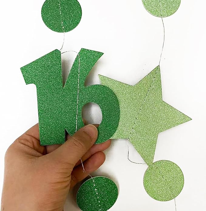 Green 16th Birthday Decorations Number 16 Circle Dot Star Garland Glitter Streamer Banner Backdrop for Girls Boys Sweet Sixteen Cheers to 16 Years Old Birthday 16th Anniversary Party Supplies
