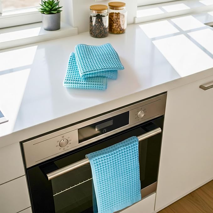 PÜSKÜL Organic Waffle Kitchen Towel 100% Turkish Cotton Set of 3 Turquoise - Premium Quality, Soft, Quick-Dry, Absorbent, Lint-Free Hand Towels 32X16 Inches (3, Turquoise)