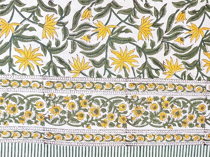 ATOSII Noor 100% Cotton Rectangle Spring Tablecloth, Handblock Floral Print Linen Table Cloth for Kitchen Dining I Parties, Outdoors, Weddings, Easter Holidays I 72 X 108 Inches I 8 Seater