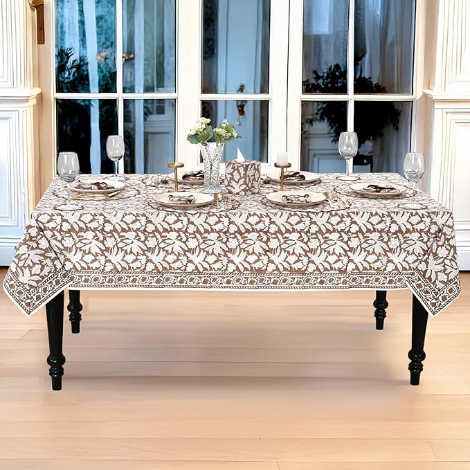 Ridhi Hand Block Print Oak Brown Square Cotton Tablecloth 60" x 60" Reusable Table Cover Decorative Everyday Use for Dining, Farmhouse, Home Gift for Spring, Easter, Valentine
