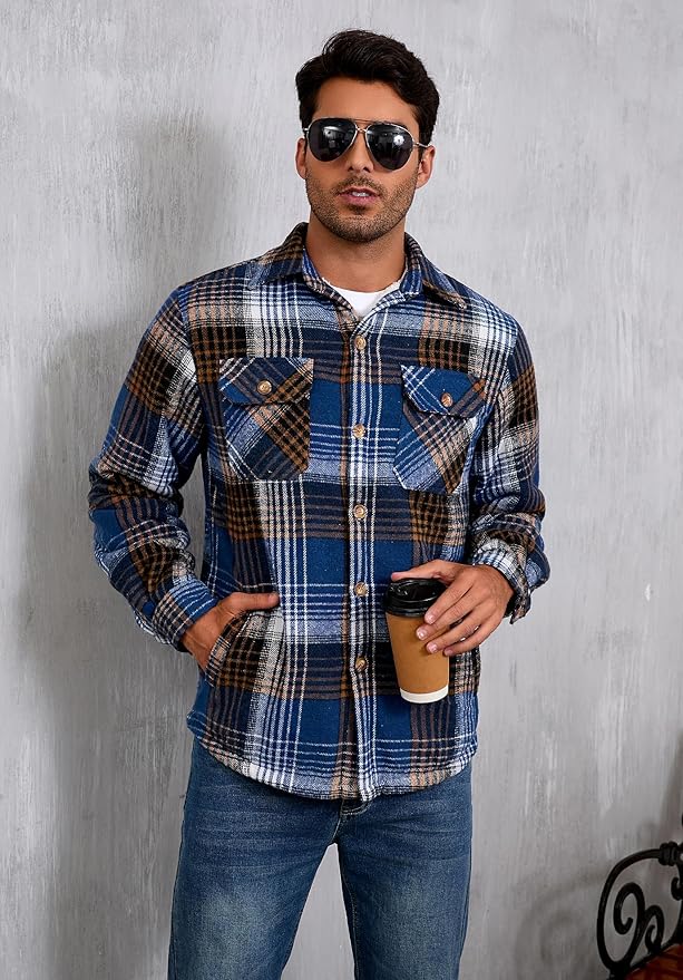 Men's Cotton Sherpa Lined Button Down Flannel Shirt Jacket Plaid Soft Outdoor Flannel Jacket Shirt