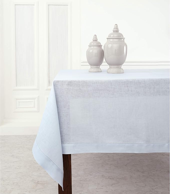 Solino Home Light Blue Linen Tablecloth 60 x 120 Inch - 100% Pure Linen Hemstitch Table Cloth for Rectangle Tables - Classic Hemstitch, Machine Washable Tablecloth for Winter, Spring, Easter
