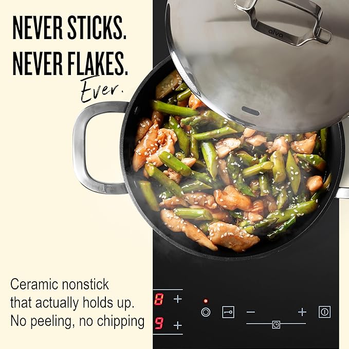 Alva Maestro Nonstick Ceramic Saute Pan with Lid 3.5Qt. - Oven Safe and Made without PFAS, PFOA & PTFE - Induction and All Stovetop Compatible with Even Heat Distribution