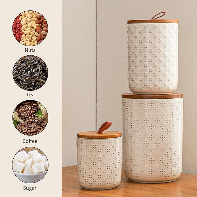JOJUNO White Ceramic Canister Set with Wooden Lids – 3-Piece Airtight Food Storage Jars for Kitchen, Embossed Design, Small/Medium/Large Sizes (12/30/48 oz) – Flour, Sugar, Coffee, Tea Containers