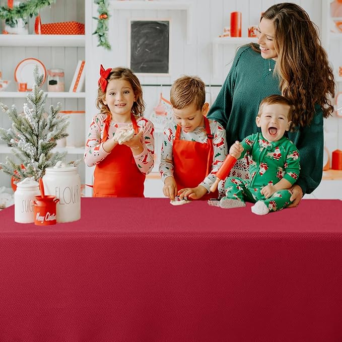 Biscaynebay Textured Fabric Christmas Tablecloths 60x108 Inches Rectangular, Red Water Resistant Spill Proof Tablecloths for Dining, Kitchen, Wedding and Parties, Machine Washable
