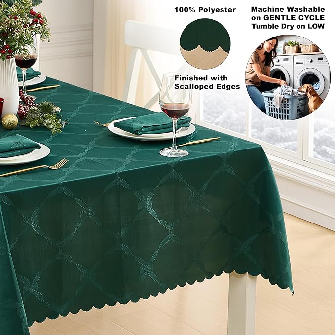 Newbridge Rectangle Tablecloth, 60 x 144 Inch, Spring and Easter Ribbons and Bows Damask, Wrinkle and Stain Resistant Fabric Table Cloth, Holiday Evergreen