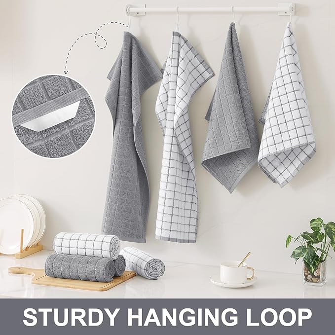 Homaxy Premium Cotton Kitchen Towels 16"x 28", Large Natural Ring Spun 390 GSM Dish Towels, Super Absorbent Terry Kitchen Hand Towels, Soft Tea Towels with Hanging Loop, Light Grey Check, 6 Pack