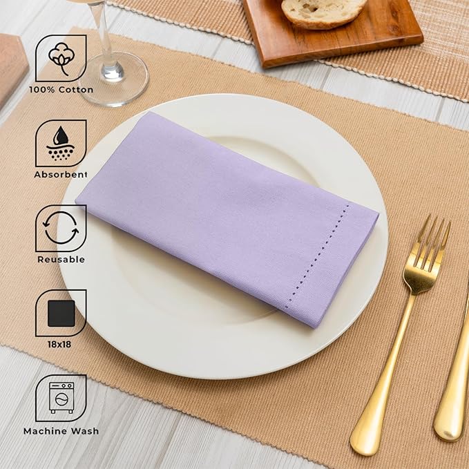 Blue Needles Set of 12 Hemstitch Linen Napkins 100% Cotton Lavender Cloth Dinner Napkins 18x18 inches, Soft, Reusable, Absorbent, Washable, Ideal for Wedding Events, Parties & Everyday Use
