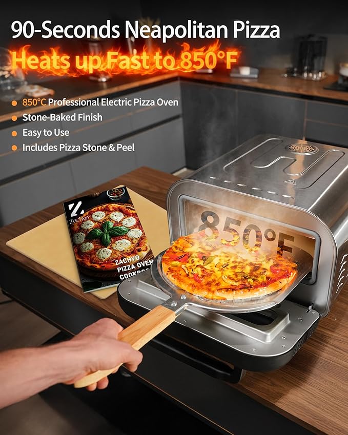 Pizza Oven Indoor, Heats up to 850°F, Makes 12” Pizzas in 90 Seconds, Electric Pizza Oven with 6 Touchscreen Presets, Countertop Pizza Ovens for Kitchen, Recipes & Pizza Stone Peel Included, Dark Grey