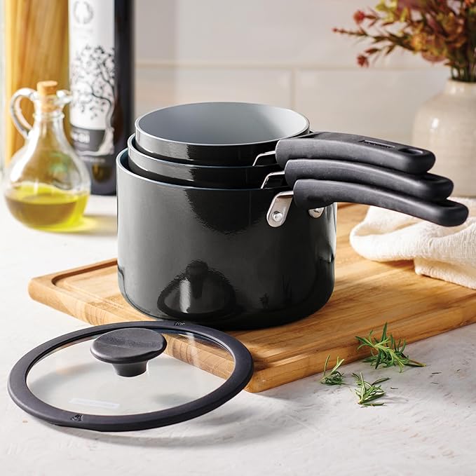 Tramontina Ceramic Non Stick 6-Piece Nesting Sauce Pan Set with Lids - Stackable Nonstick Cookware Set, Dishwasher and Oven Safe, Dark Gray