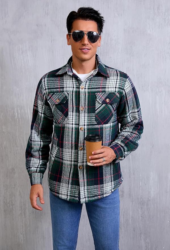 Men's Cotton Sherpa Lined Button Down Flannel Shirt Jacket Plaid Soft Outdoor Flannel Jacket Shirt