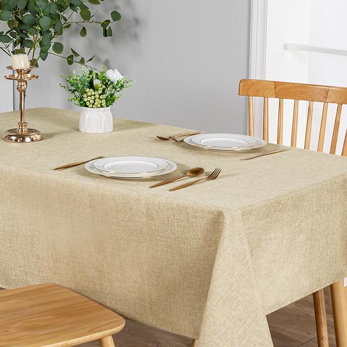 JIUZHEN 2 Pack Faux Linen Farmhouse Tablecloth Rectangular, Wrinkle Stain Resistant Table Cloth Rectangle Table Cover for Kitchen Dining, Beige, 60 x 102 Inch