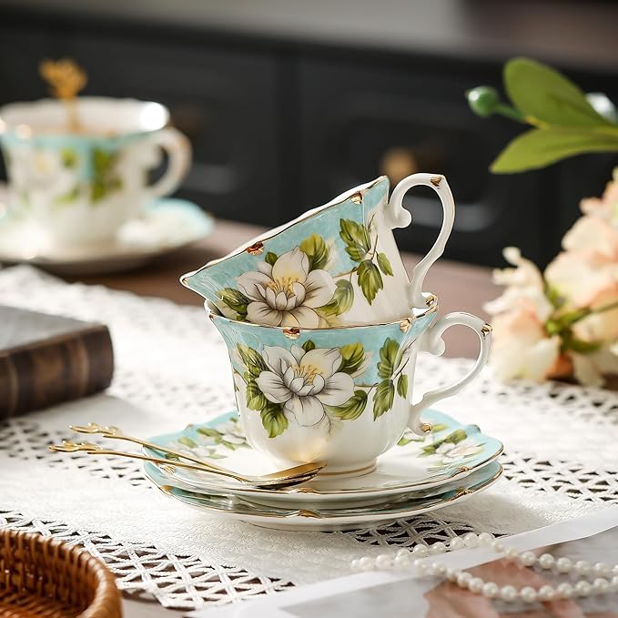 TATSUMI Country Roses 18 Peices Bone China Tea Cup And Saucer Set, English Vintage Tea Cups Of 6 For Women And Tea Party Sets(Light Green, 6 sets)