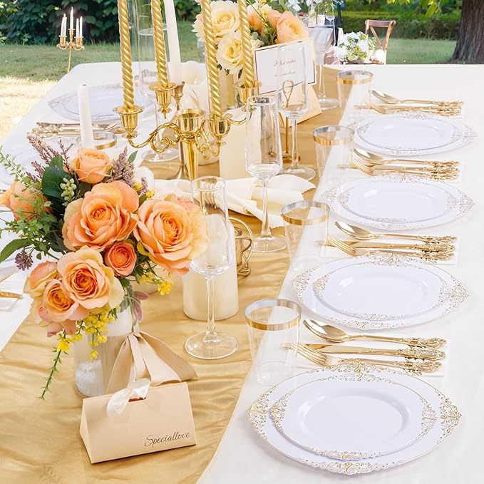 YOUBET 700PCS Gold Plastic Dinnerware Set - White and Gold Disposable Plates for 100 Guest - 200 Disposable Plates, 300 Heavy Duty Plastic Silverware, 100 Cups,100 Napkins for Wedding