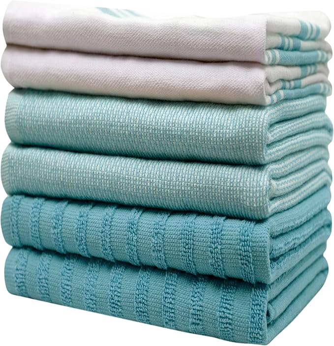 Premium Kitchen Towels (20”x 28”, 6 Pack) | Large Cotton Dish Towels | Flat & Terry Highly Absorbent Kitchen Linen Set with Hanging Loop | Wide Stripe Aqua