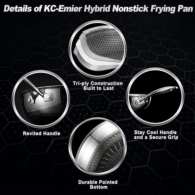 12 Inch Non-Stick Frying Pan Tri-Ply Stainless Steel Pan with Stay-Cool Handle Oven & Dishwasher Safe For Induction, Ceramic & Gas Stovetops