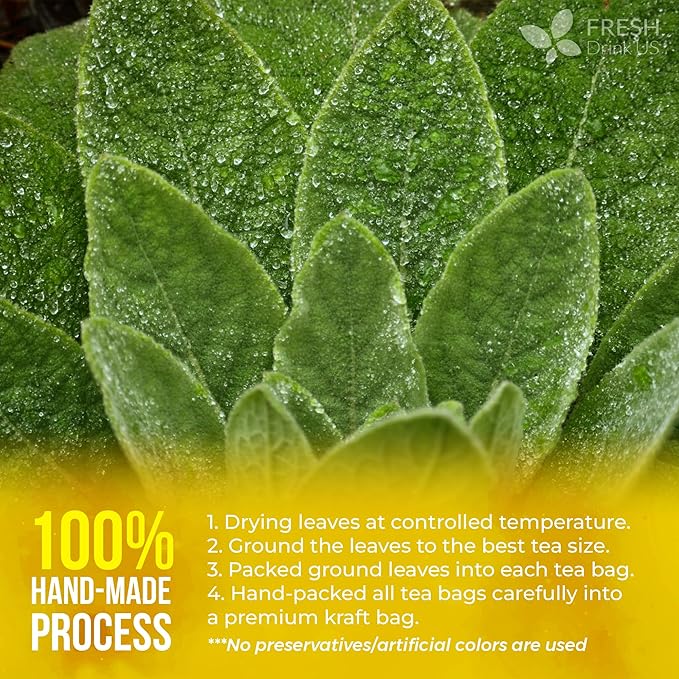 FreshDrinkUS, Premium 10 Mullein Leaf Tea Bags For Lungs, 100% Natural & Pure from Mullein Leaves. Loose Leaf Mullein Herbal Tea. Made with Natural Material Tea Bags. No Sugar, No Caffeine, No Gluten, Vegan.