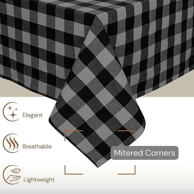 Light Grey and Black Buffalo Check Tablecloth, 60x102 Inches, Plaid Table Cover, 100% Cotton, Washable, Reusable Table Linen for Winter Dinners, Holiday Hosting and Everyday Dining