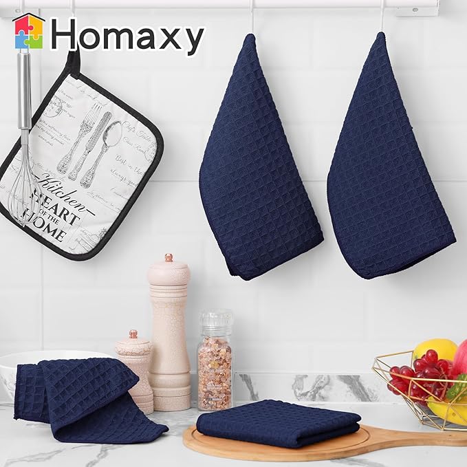 Homaxy Microfiber Waffle Weave Kitchen Towels Set, 16 x 28 Inch and 12 x 12 Inch Ultra Absorbent and Solid Color Dish Towels, 8 Pack, Navy Blue