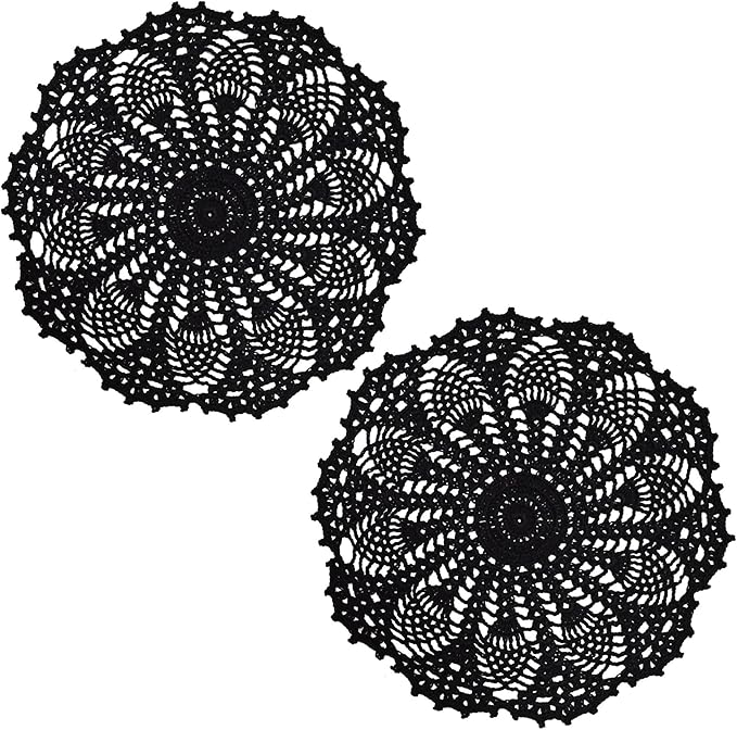BIBITIME 2pcs 11 inches to 12 inches Lace Doilies Crochet Handmade Lace Coasters Round Placemat Rustic Table Doilies Decors for Kitchen Dining Room Party Dressers Black