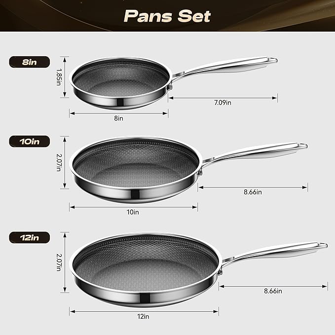 Non Stick Frying Pan Set,Hybrid Nonstick Frying Pan 3 Piece,8,10 &12 Inch Stainless Steel Pans,PFAS PFOA PTFE Free,Stay-Cool Handle,Dishwasher-Friendly,Oven-Safe,Compatible with All Cooktops