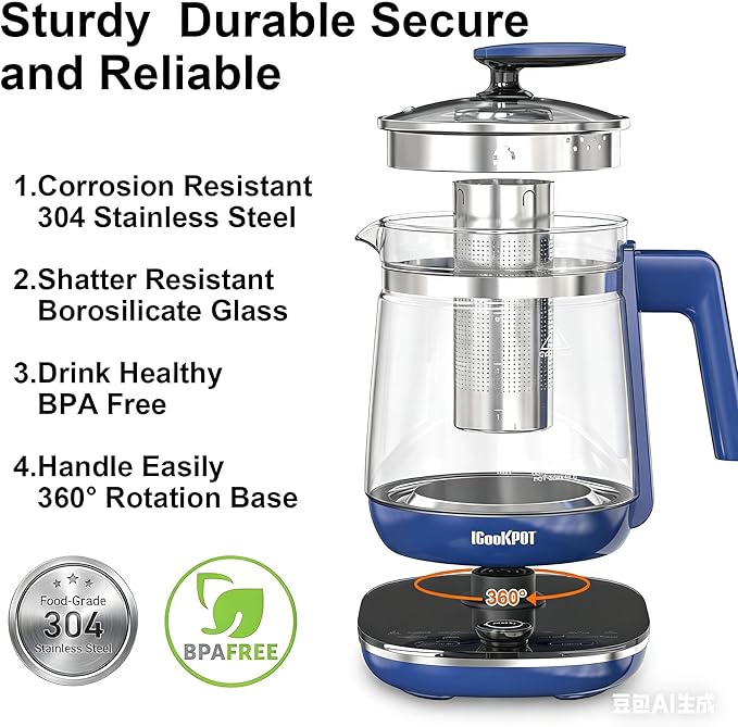 1200w Electric Kettle, 1.5L Borosilicate Glass tea kettle, Hot water kettle electric for Coffee or Tea, BPA Free, Auto Shut-Off, Stainless Steel, Fast Boil, Blue