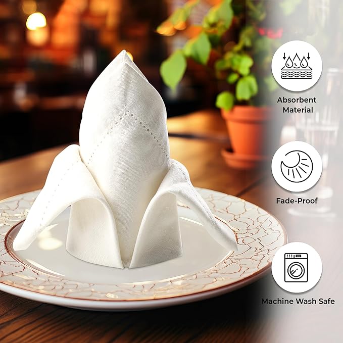 Urban Villa Cloth Napkins Ivory Hemstitch Dinner Napkins Set of 12 (20X20) 100% Cotton Absorbent Washable Durable Reusable Ideal for Hotel Collection Farmhouse Parties Restaurant Lunch Dinner Napkins