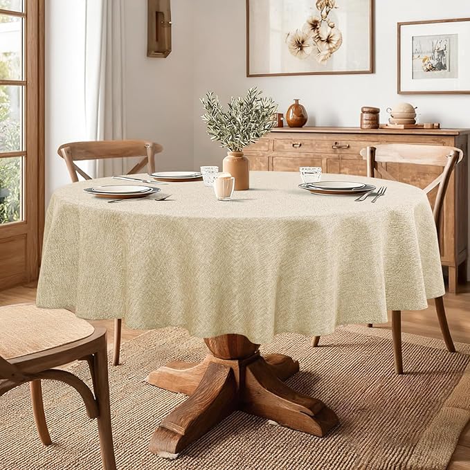 JIUZHEN Faux Linen Round Tablecloths 54 inch, Decorative Wrinkle Free Texture Rustic Circle Table Cloth Cover for Kitchen, Dining, Party, Wedding, Outdoor Use (54 Inch Round,Beige)