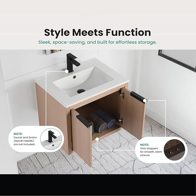 Fine Fixtures Kingsford Modern 24 Inch Bathroom Vanity with Sink, White Oak Finish, Elegant Bathroom Vanities for Modern Homes, Stylish Storage Solutions for Bathrooms