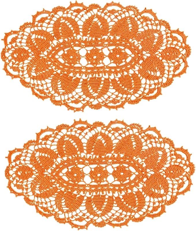 BIBITIME 2PCS 12 in x 22 in Lace Tablecloth Doily Handmade Crochet Placemat Women Vase Mat Kitchen Table Runner (Orange)